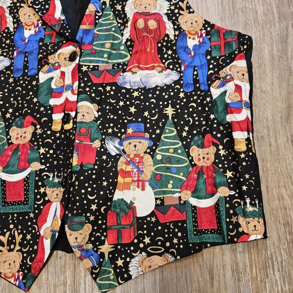 Vtg Christmas Teddy Bear Vest Womens M Waistcoat Cottagecore Artsy Holiday 90s - Picture 4 of 7